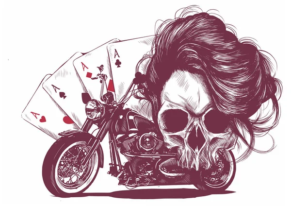 例证摩托车妇女头骨与扑克牌 — 图库照片