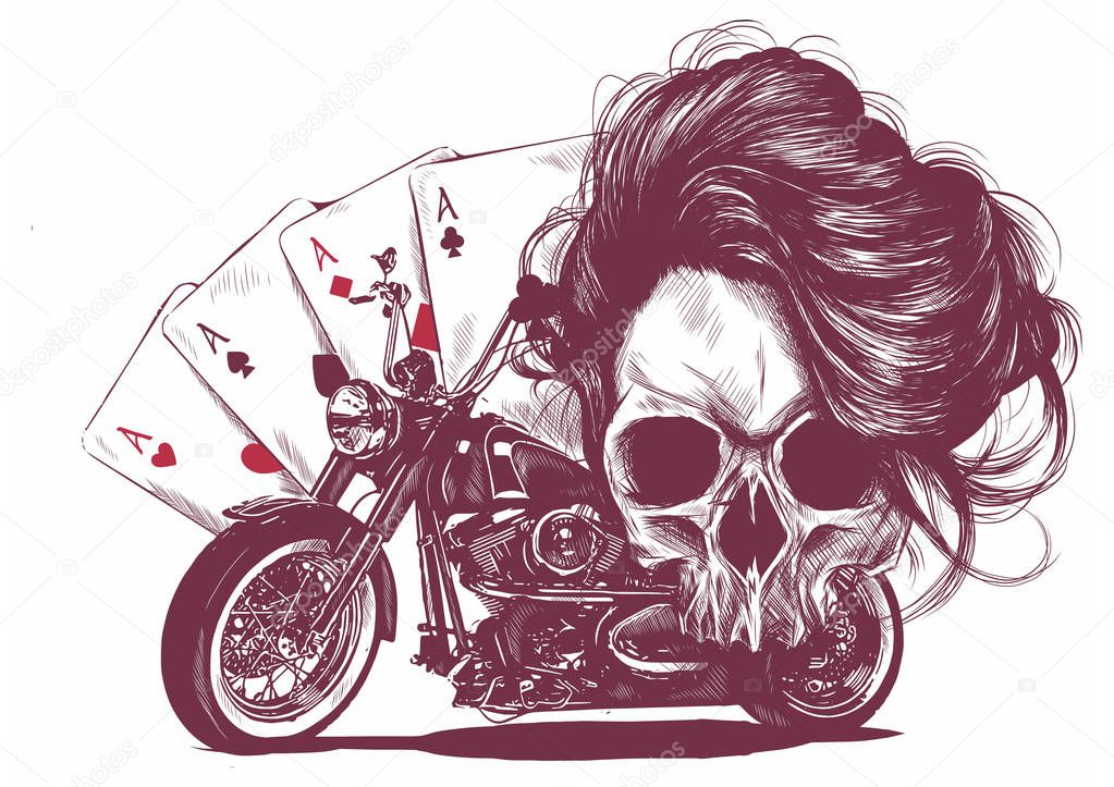illustration Motorcycle woman skull with playing cards