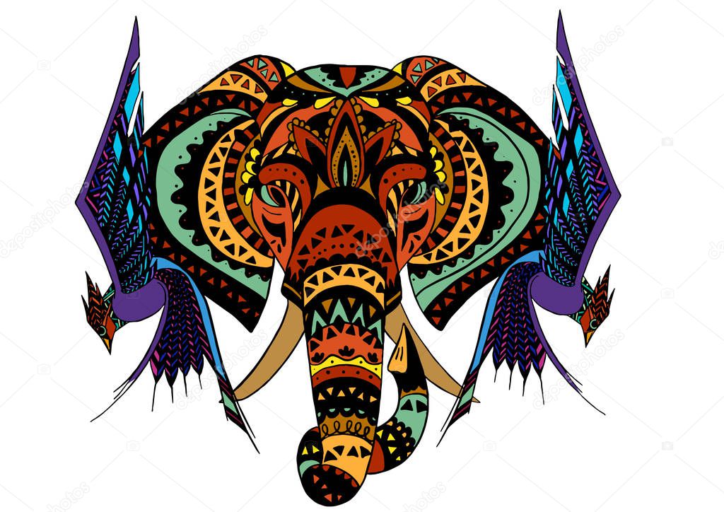 Vintage graphic vector Indian lotus ethnic elephant. African tribal ornament. Can be used for a coloring book, textile, prints, phone case, greeting card