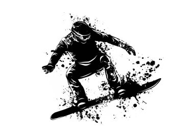 Atlama bir snowboard izole silüeti. Arka plan ve metin ayrı bir katmana, rengi tek bir tıklamayla değiştirilebilir. Vektör çizim