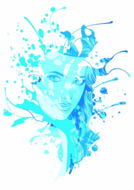 Mavi saçlı üzgün kız. Soyut arkaplanda vektör illüstrasyonu.