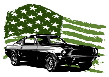 Amerikan bayrağı illüstrasyon ile vintage araba