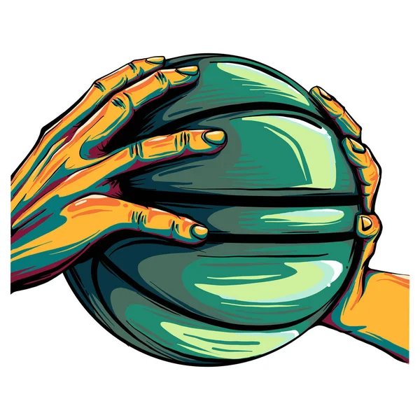 Dos manos sosteniendo una ilustración pelota de baloncesto — Vector de stock