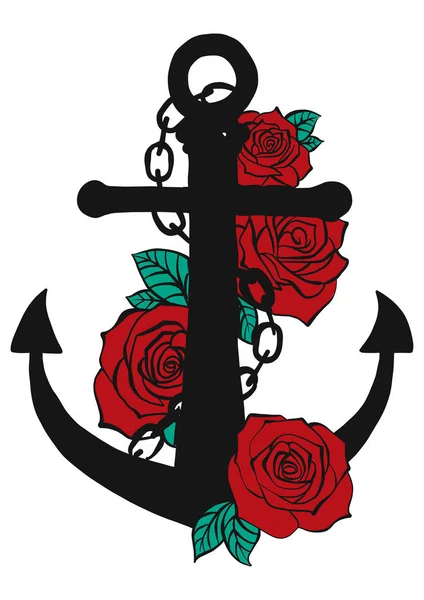 赤いバラの周りのボートのアンカー — ストックベクタ