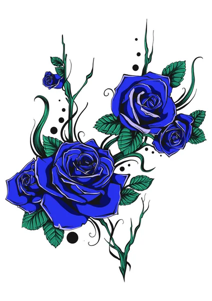 一束蓝色的玫瑰与叶子和鲜花 — 图库矢量图片