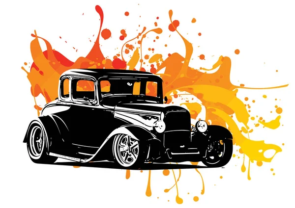 Dibujo de coches antiguos con salpicaduras de tinta de color — Vector de stock