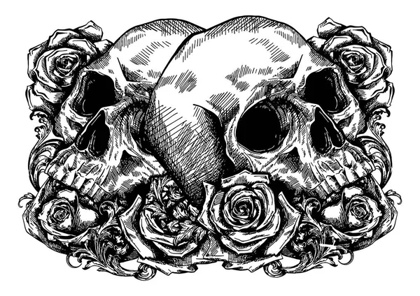 用玫瑰、花朵和树叶包裹的头骨 — 图库矢量图片