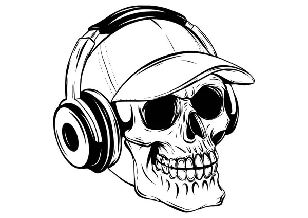 Crâne avec écouteurs écoutant du dessin musical — Image vectorielle