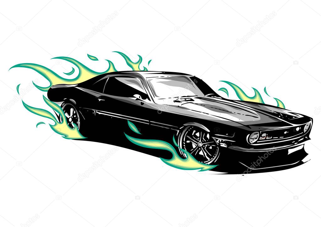 vintage muscle car with flames a and fire around