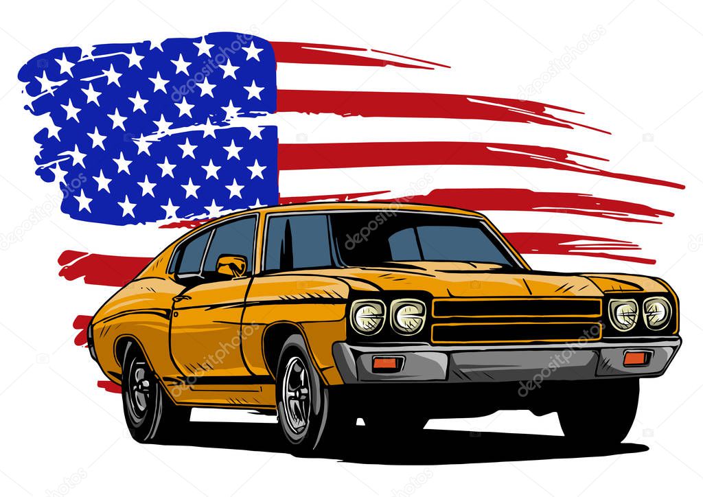 Vector graphic design illustration of an American muscle car with stars and stripes flag isolated on white