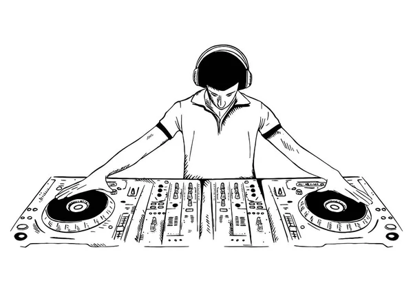 DJ reproduzindo a ilustração do vetor de desenho do console — Vetor de Stock
