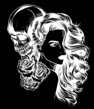 İskeleti olan kız el yapımı vektör çizimi. Santa Muerte kadın cadı portresi Ölü Yüz Sanatı Günü