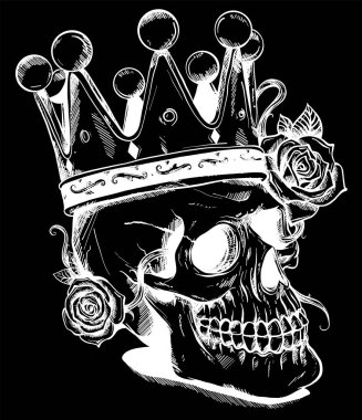 Taç ve çiçek zarif çelenk ile güzel romantik kafatası. Yaşlı kart vintage arka plan üzerinde mürekkep. Dövme vintage tasarım öğesi.