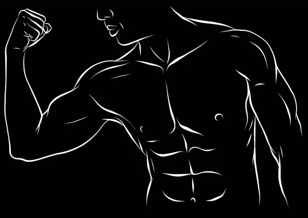 Ο άνθρωπος με τους μυς. Sexy γενειοφόρος, μυϊκών jock στο τζιν. Θέτοντας bodybuilding. — Διανυσματικό Αρχείο