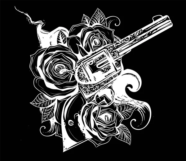 枪枝和玫瑰花画的纹身风格。矢量说明. — 图库矢量图片