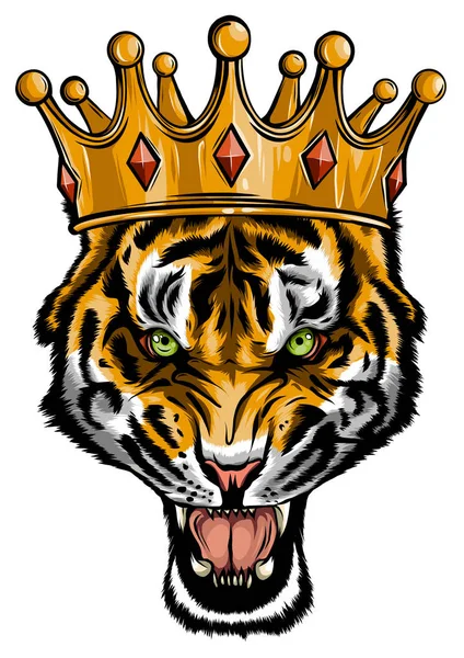 Портрет тигра с золотой короной на голове, ухмыляющегося вектором ярости — стоковый вектор