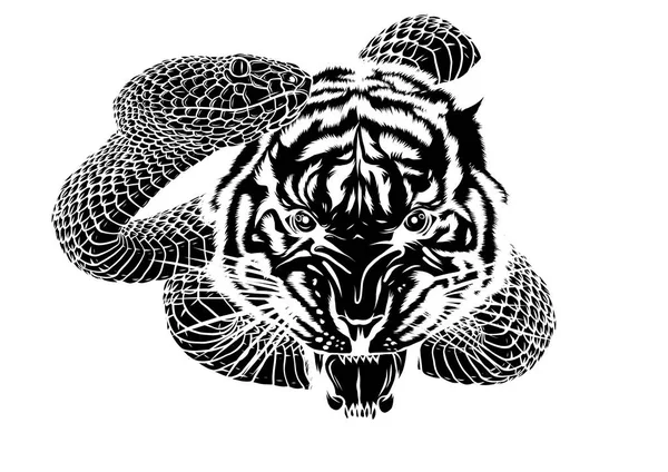 Combat de serpents et de tigres, illustration vectorielle de tatouage — Image vectorielle