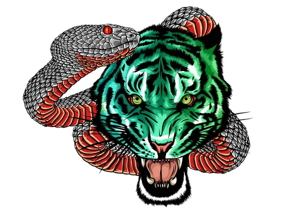 Snake en Tiger vechten, Tattoo vector illustratie — Stockvector