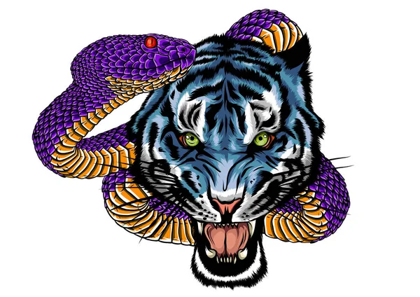 Πάλη φίδι και τίγρη, εικόνα διάνυσμα τατουάζ — Διανυσματικό Αρχείο