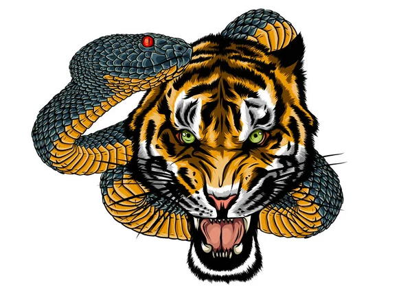 Combattimento serpente e tigre, illustrazione vettoriale del tatuaggio — Vettoriale Stock