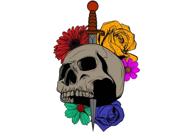 Tattoo skull med rosor och kniv vektor illustration — Stock vektor