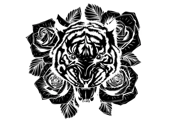 Ilustración vectorial de la cabeza de tigre rugiente y rosas tatuaje — Vector de stock