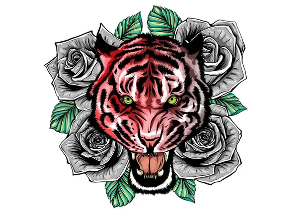 Illustration vectorielle de tête de tigre rugissante et tatouage de roses — Image vectorielle