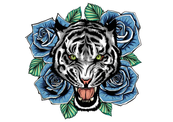 Vektor illustration av rytande tigerhuvud och rosor tatuering — Stock vektor