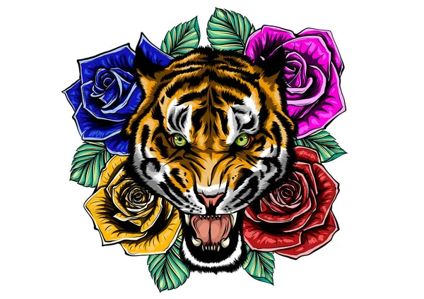 Ilustração vetorial da cabeça rugindo tigre e tatuagem de rosas — Vetor de Stock