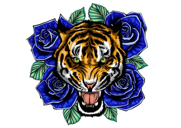 Ilustración vectorial de la cabeza de tigre rugiente y rosas tatuaje — Vector de stock