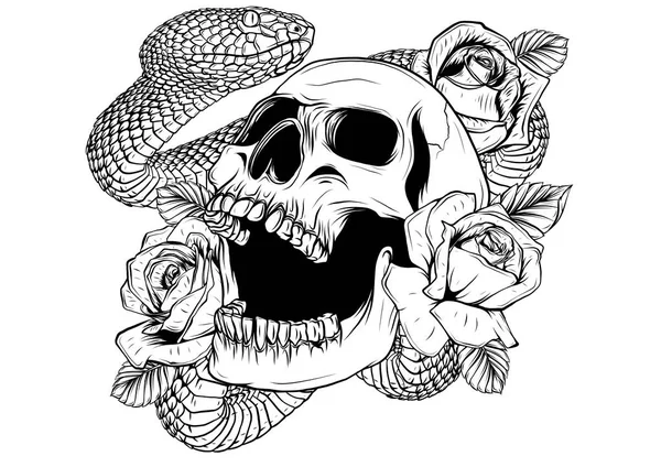 Färgglad tatuering design med skalle, rosor och orm. Illustration. — Stock vektor