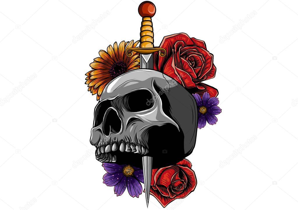 tattoo skull with roses and knife vector illustration