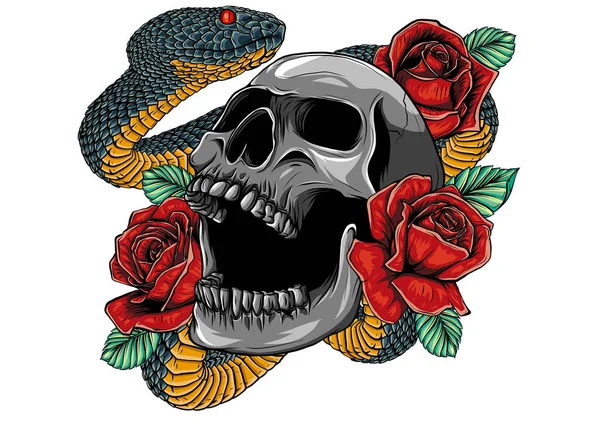 Colorful Tattoo design with skull, roses and snake. illustration. — Stock Vector