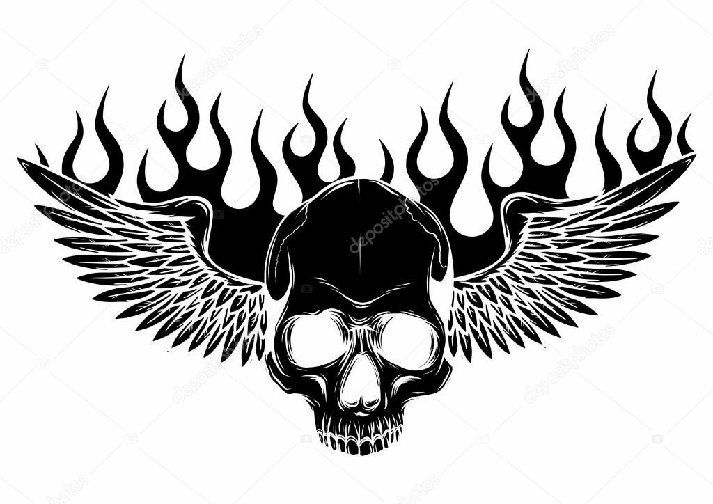 Winged skull grim reaper drawing in a vintage retro woodcut etched or engraved style
