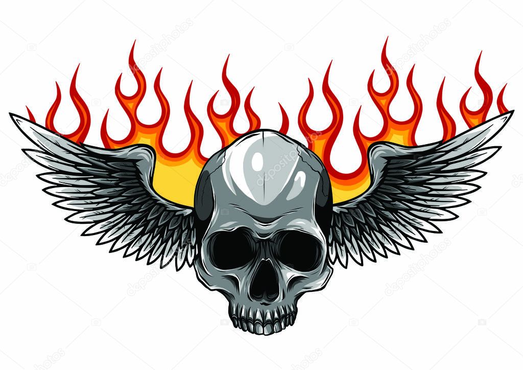 Winged skull grim reaper drawing in a vintage retro woodcut etched or engraved style