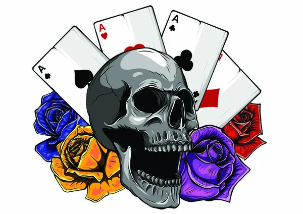 Kafatası ile poker ve gül aslar, grunge vintage vektör — Stok Vektör