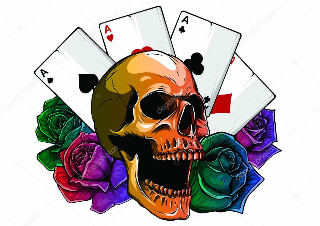 Skulls with playing cards. Set of vector illustrations.