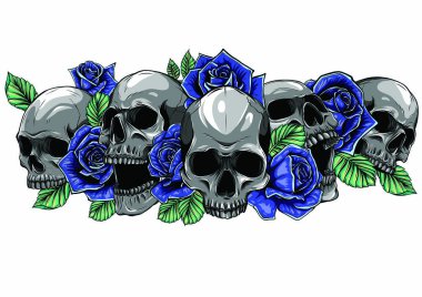 Beyaz arka planda güller olan bir insan kafatası.