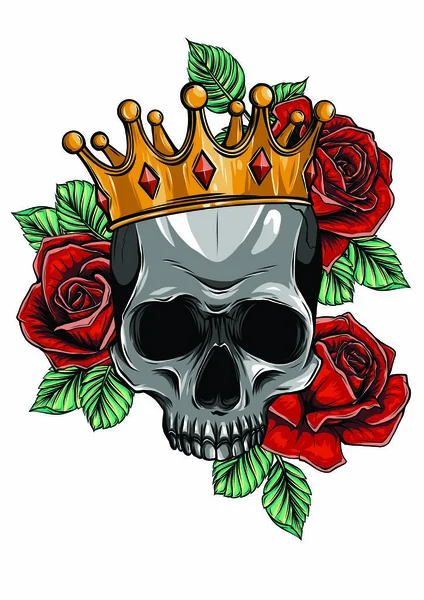 Ilustración vectorial cráneo de muerte humana en corona con rosas — Archivo Imágenes Vectoriales