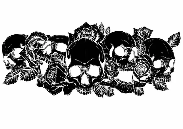 Skull and roses flowers hand drawn illustration. Tattoo vintage print. Skull and red roses. — Stock Vector