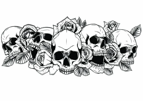 Crâne avec des roses centifolia tatouage par dessin à la main.Art de tatouage très détaillé dans le style d'art en ligne japonaise . — Image vectorielle