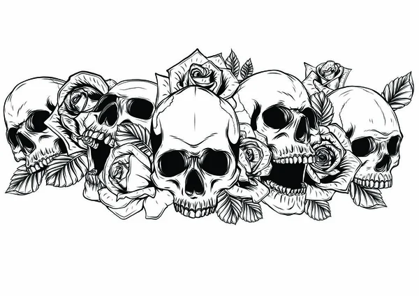 Totenkopf mit centifolia Rosen Tätowierung von Hand Zeichnung. Tätowierung Kunst sehr detailliert in japanischen Linie Art Stil. — Stockvektor