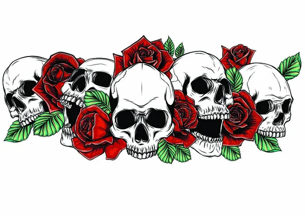 Teschio e rose fiori disegnati a mano illustrazione. Stampa vintage tatuaggio. Teschio e rose rosse . — Vettoriale Stock