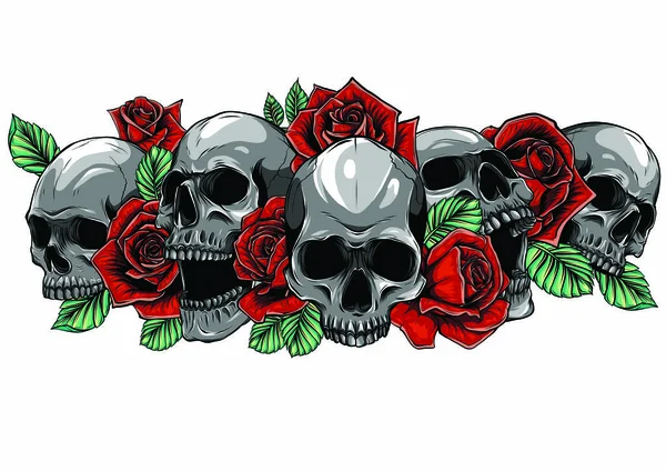 Человеческие черепа с розами на белом фоне — стоковый вектор