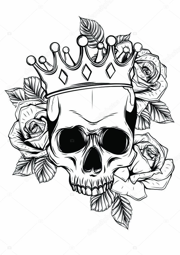 Illustration of skull in crown with beard isolated on white background