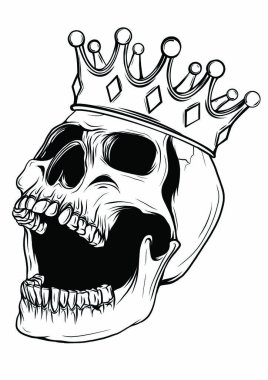 Taç takan el çizimi kral kafatası. Vektör illüstrasyonu