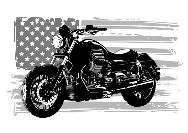 Moto chopper américaine vintage dessinée et encrée à la main avec drapeau américain — Image vectorielle