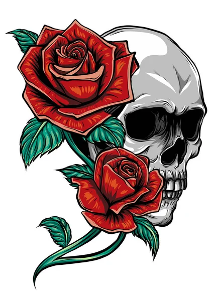 Calaveras humanas con rosas sobre fondo blanco — Vector de stock