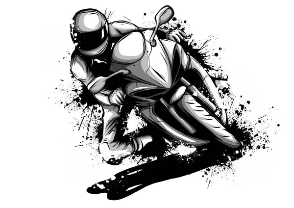 Racer equitazione moto logo isolato sullo sfondo del cielo notturno. Vista laterale dell'uomo in casco, motociclista su scooter vettoriale illustrazione maschile in bicicletta — Vettoriale Stock