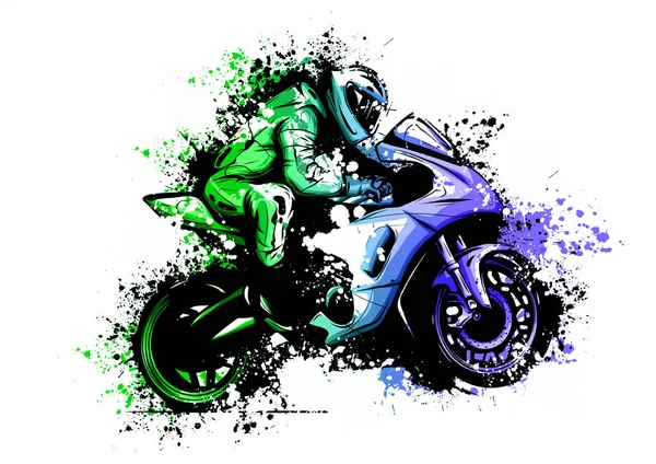 Racer jazda motocyklem logo na białym tle na tle nocnego nieba. Widok z boku człowieka w kask, motorbilker na skuter wektor ilustracja mężczyzna na rowerze — Wektor stockowy